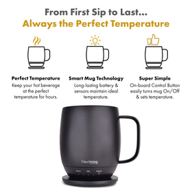 Nextmug temperature settings 130°F, 140°F, and 150°F help you choose your preferred warmth.