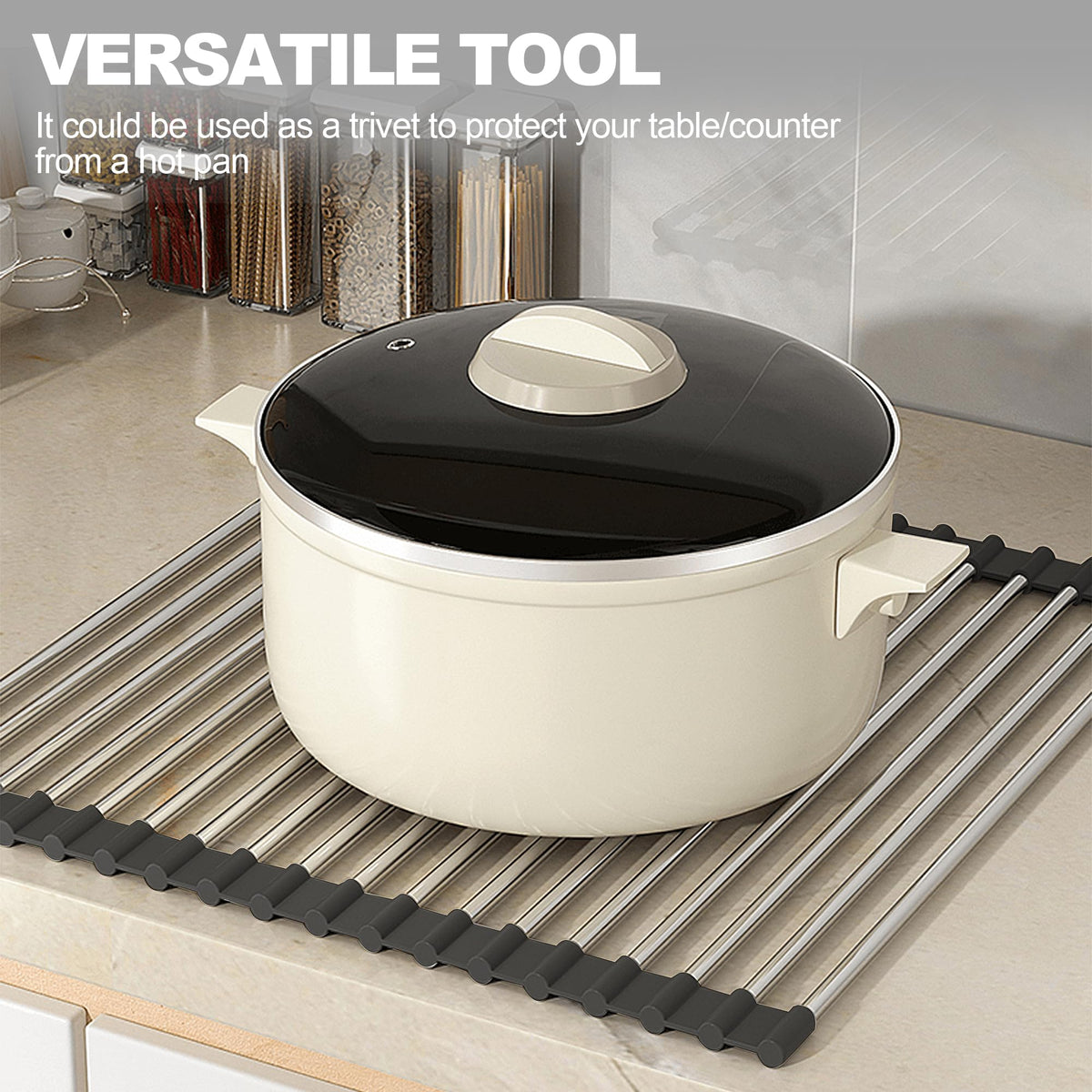 NEZUIBAN rack uses BPA-free stainless rods with drainage to channel water into the sink.