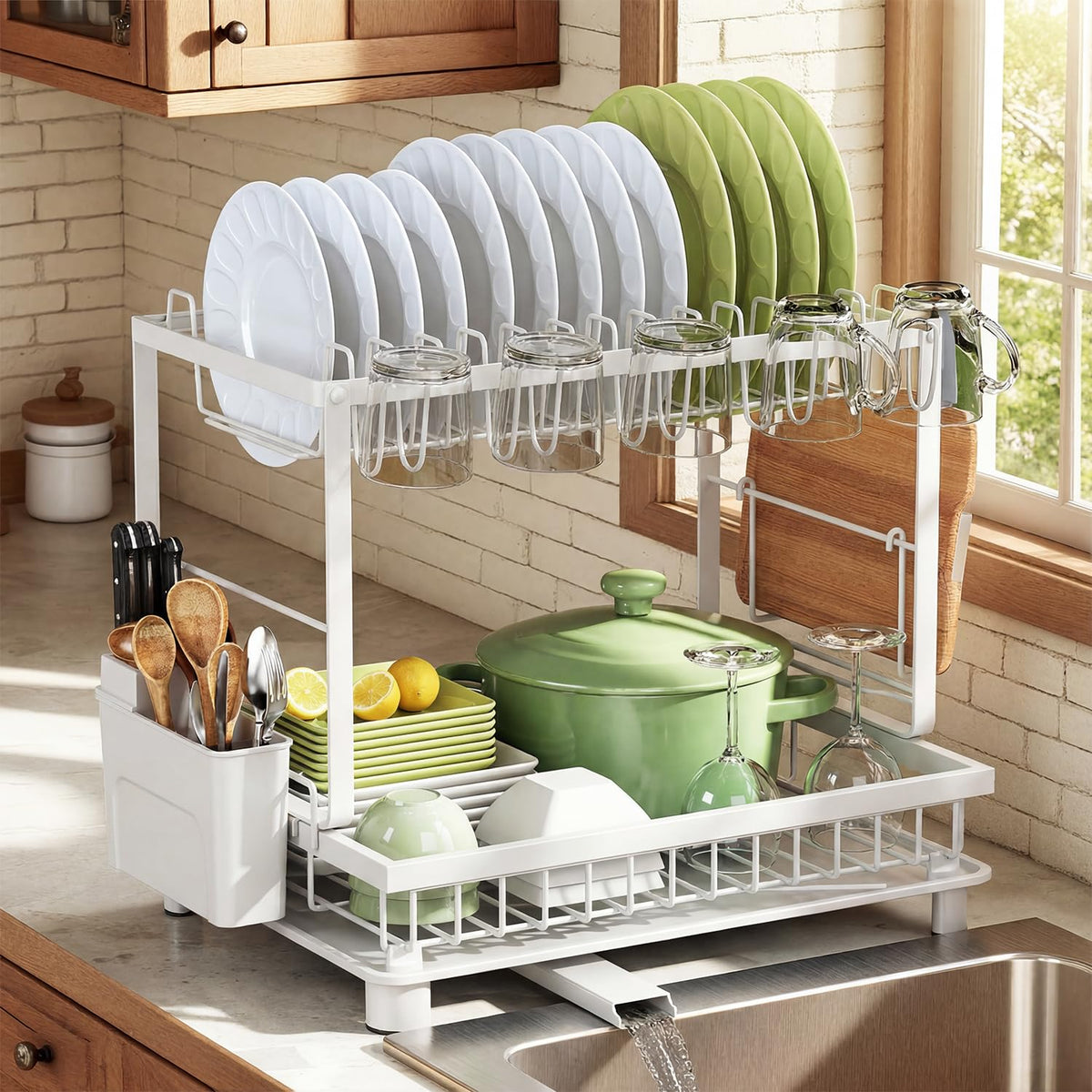 Nfnoyp 2-tier dish drying rack on counter, space-saving solution.