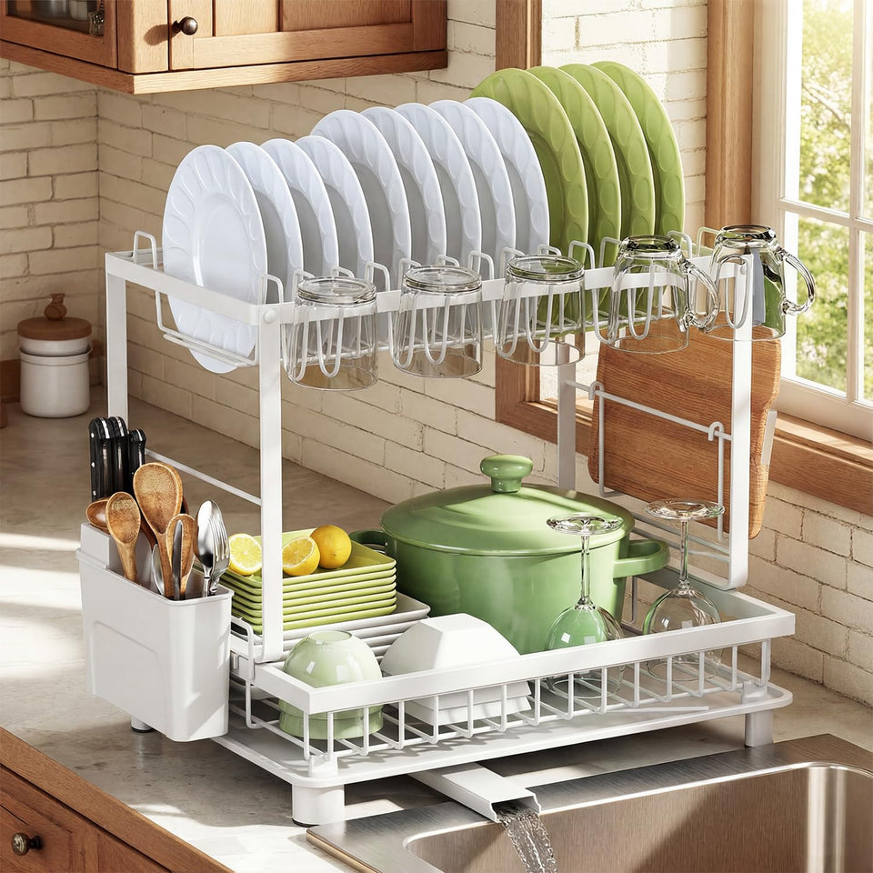 Nfnoyp 2-tier dish drying rack on counter, space-saving solution.