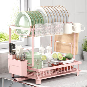Nfnoyp 2-tier pink dish drying rack showcasing space-saving capacity