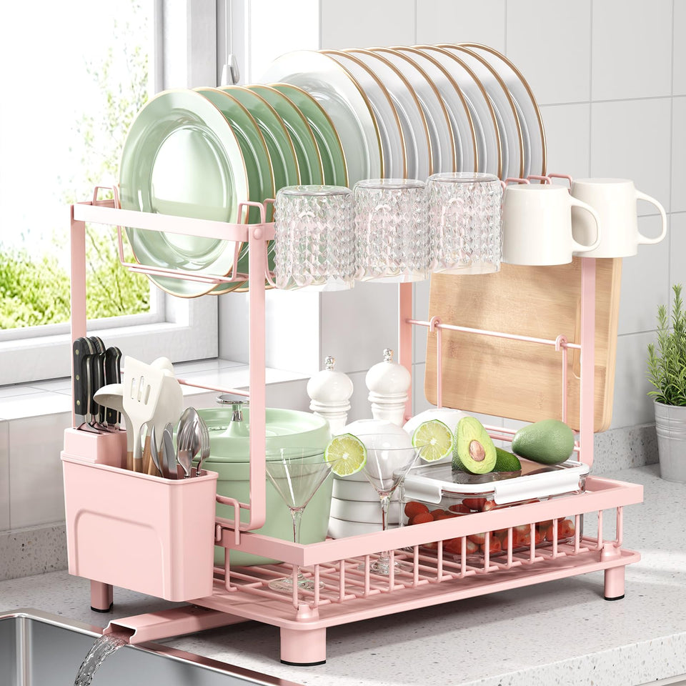 Nfnoyp 2-tier pink dish drying rack showcasing space-saving capacity