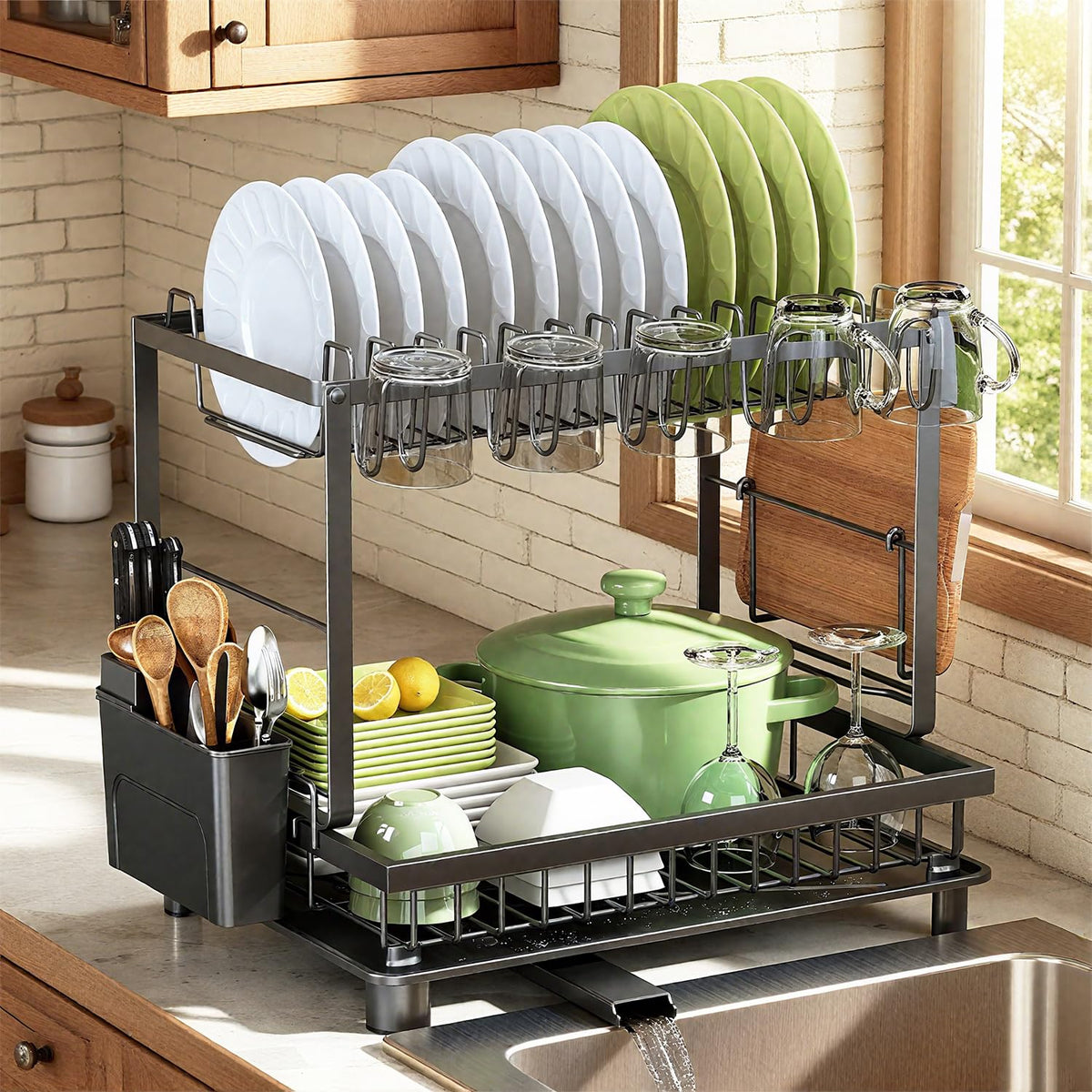 Nfnoyp dish rack 2-tier on counter organizing bowls and plates