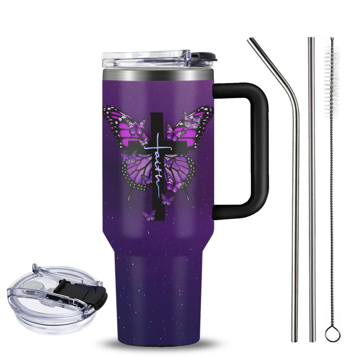 Stainless steel tumbler with lid and straw for on-the-go hydration.