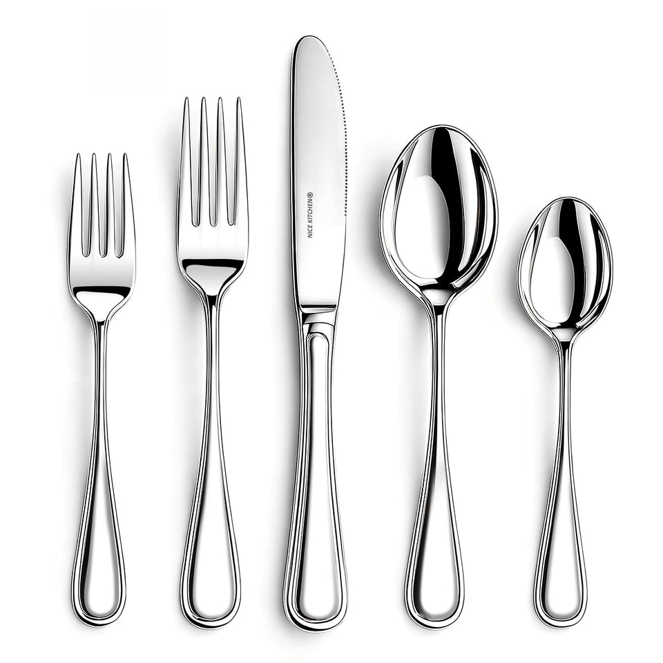 Nice Kitchen 40-piece silverware set on table with durable mirror-polished finish