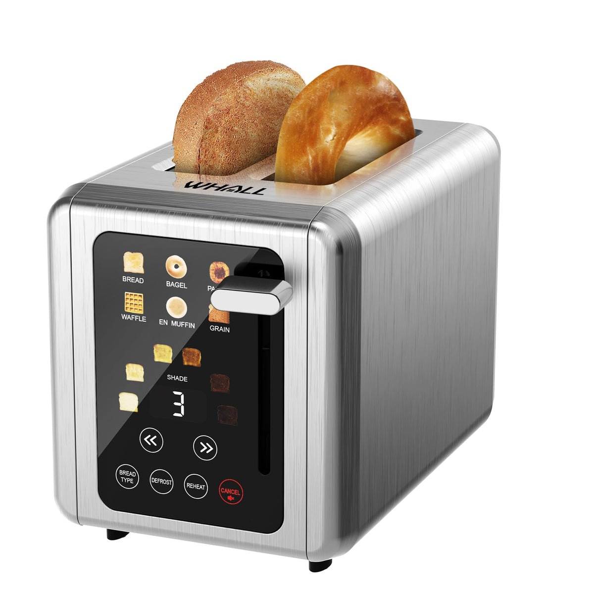 Nicebay WHALL toaster front view with 2-slice slots and brushed stainless finish