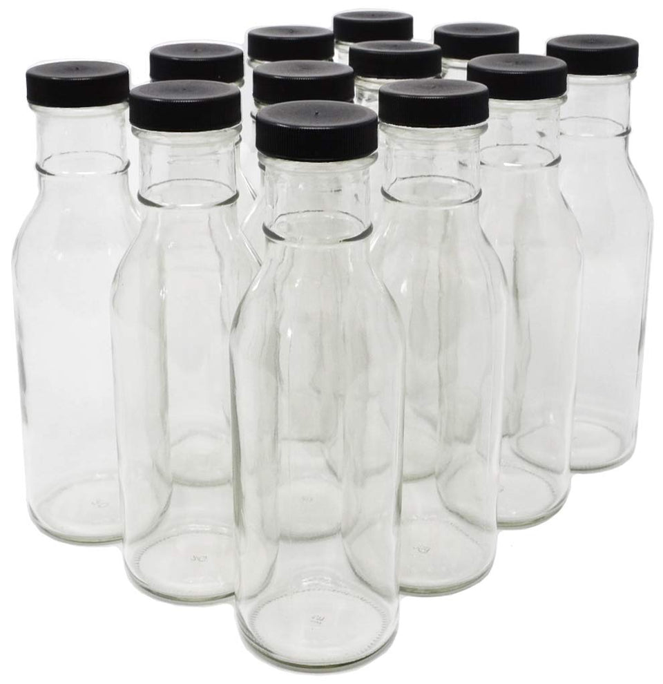 Nicebottles clear glass bottle with wide mouth and black cap for easy pouring and cleaning