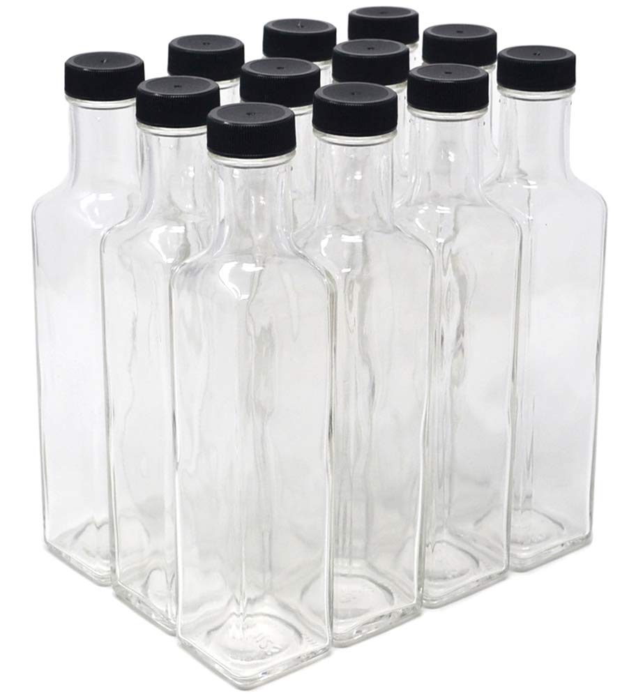 Nicebottles clear glass quadra bottle with black cap, ideal for sauces, dressings, or vinegars