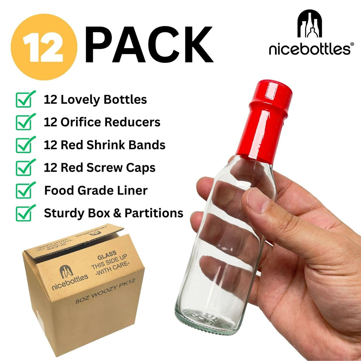 Nicebottles clear glass hot sauce bottle shows sauce color clearly.