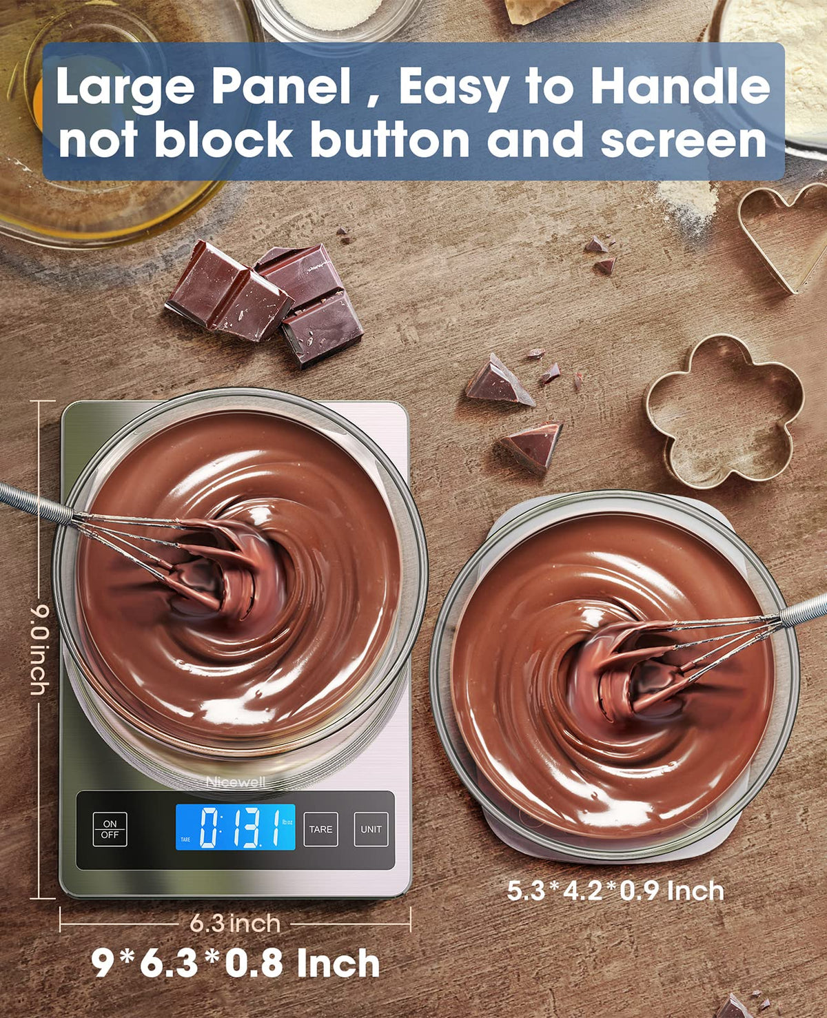 Nicewell digital kitchen scale showing a large LCD display for easy reading.