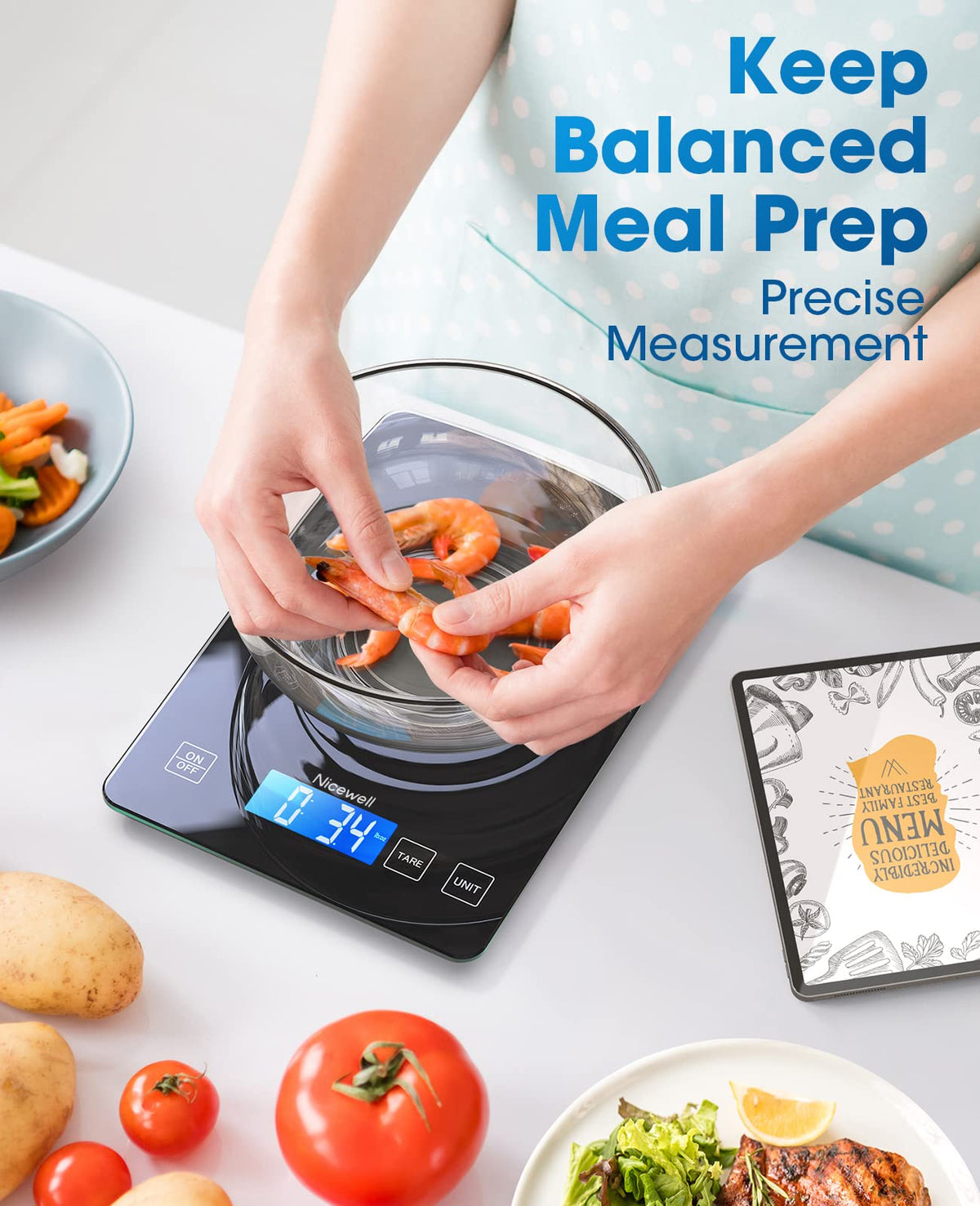 Nicewell digital weight readout provides accurate measurements for baking and portion control.