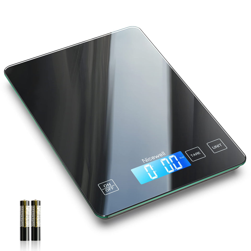 Nicewell food scale with glass platform for precise ingredient measurement during cooking.