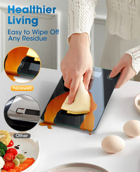 Nicewell large kitchen scale on a 9x6.3 inch surface for easy meal prep.