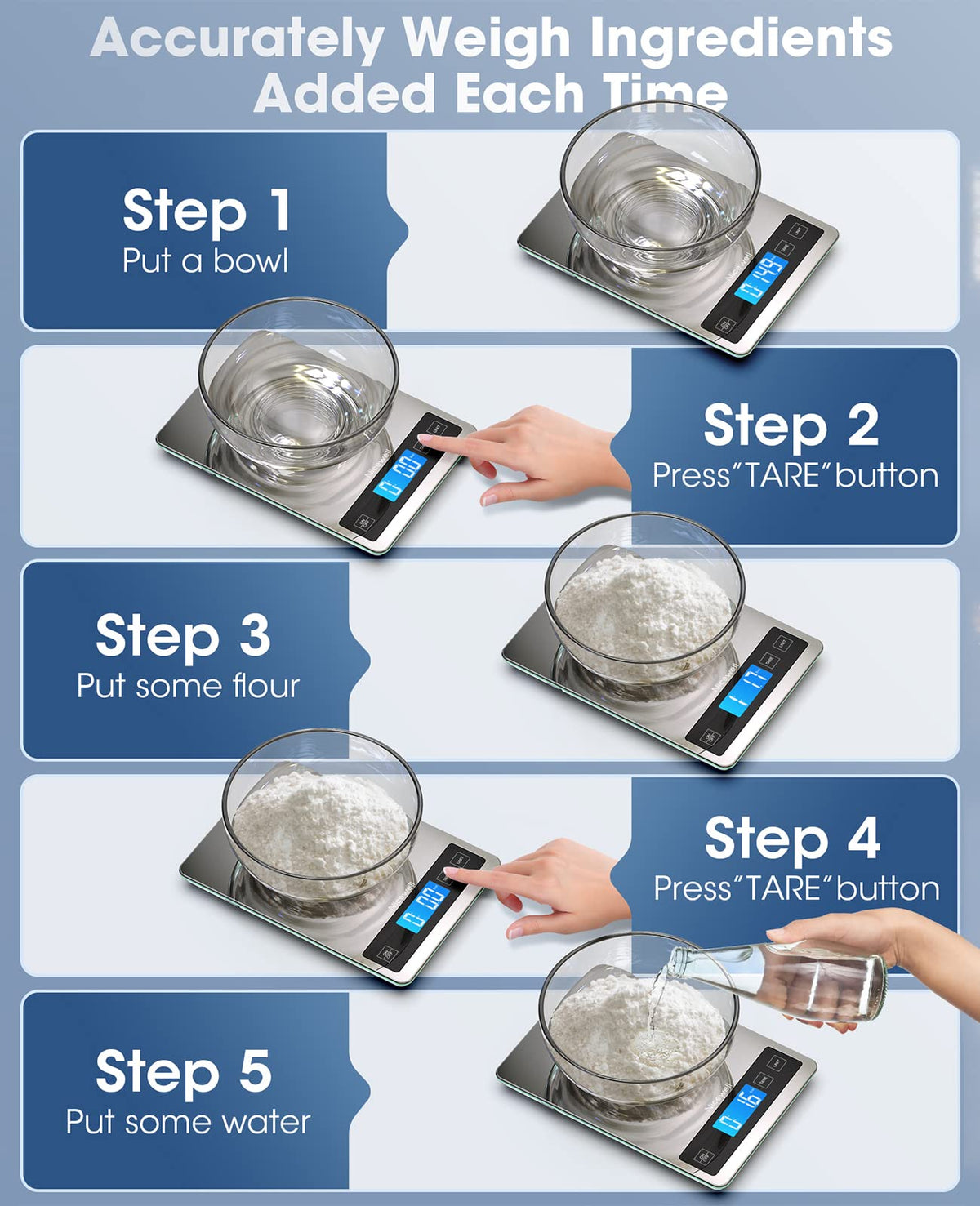Nicewell tare/zero-out button to subtract container weight for exact ingredients.
