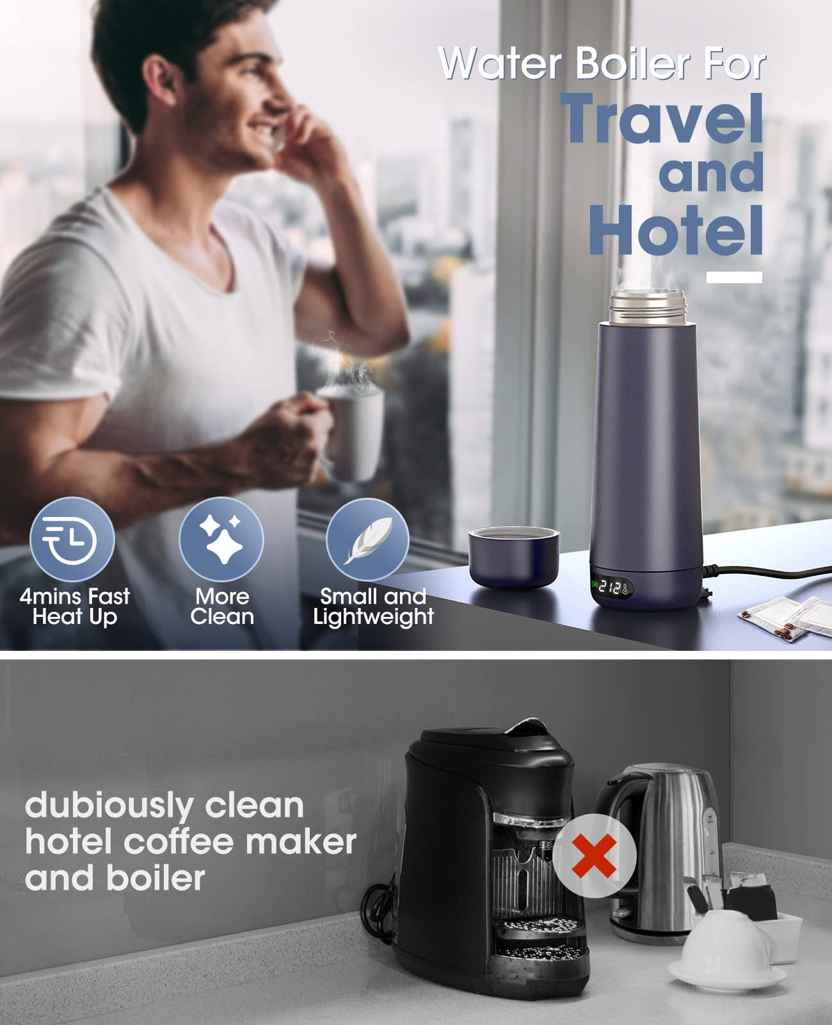 Nicewell Travel Kettle LCD display showing real-time temperature for precise brewing.