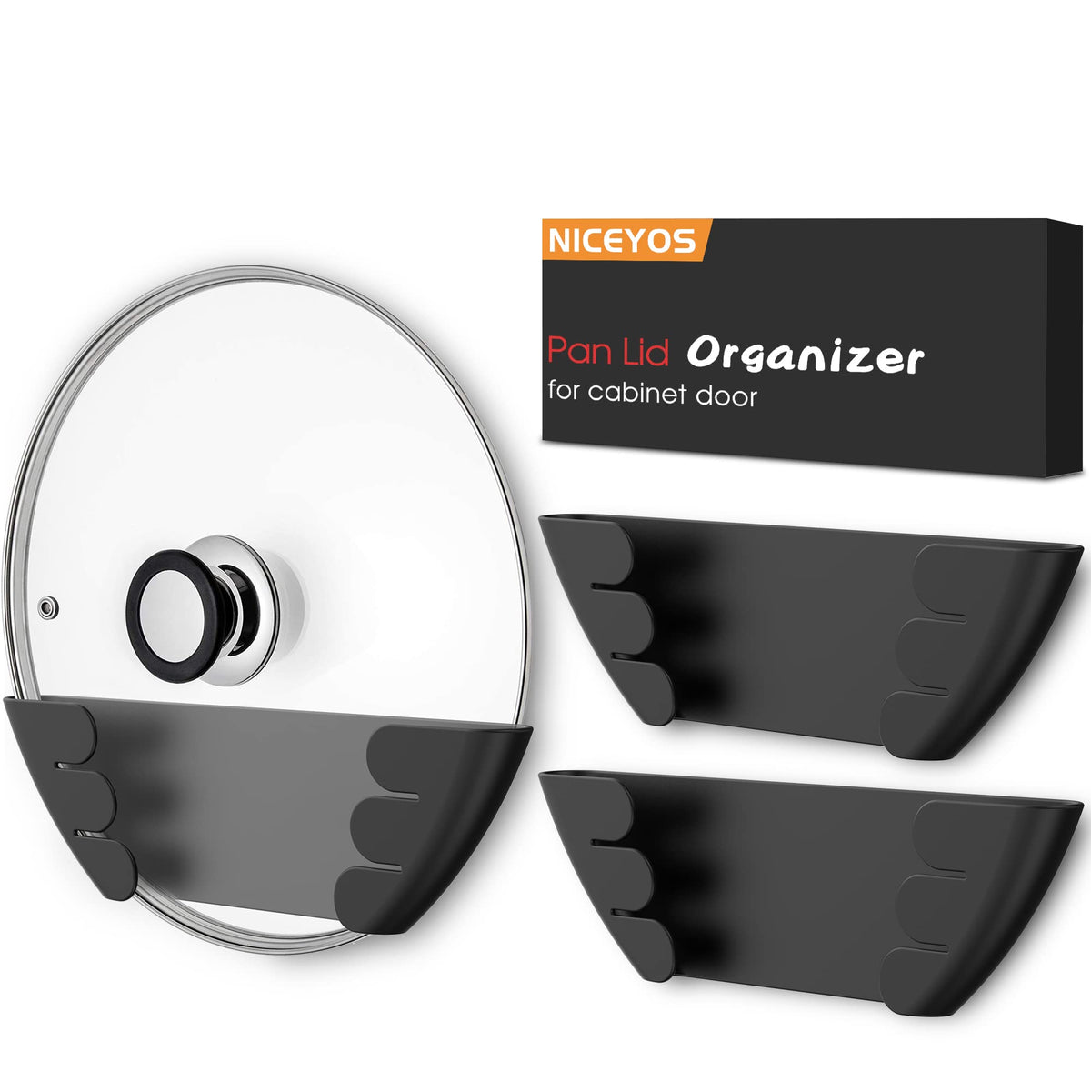Niceyos universal pot lid organizer mounted on cabinet door keeps lids tidy and accessible.