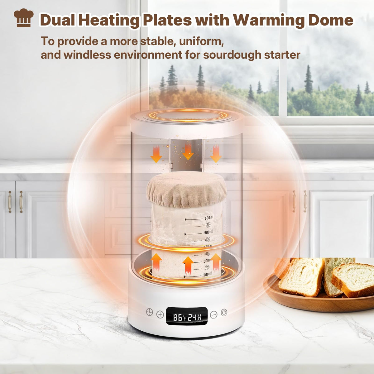 NICOFPHY warming dome over jar maintains steady heat for consistent starter activity.