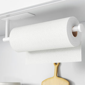 Niffgaff paper towel holder with self-adhesive mount for easy wall attachment.