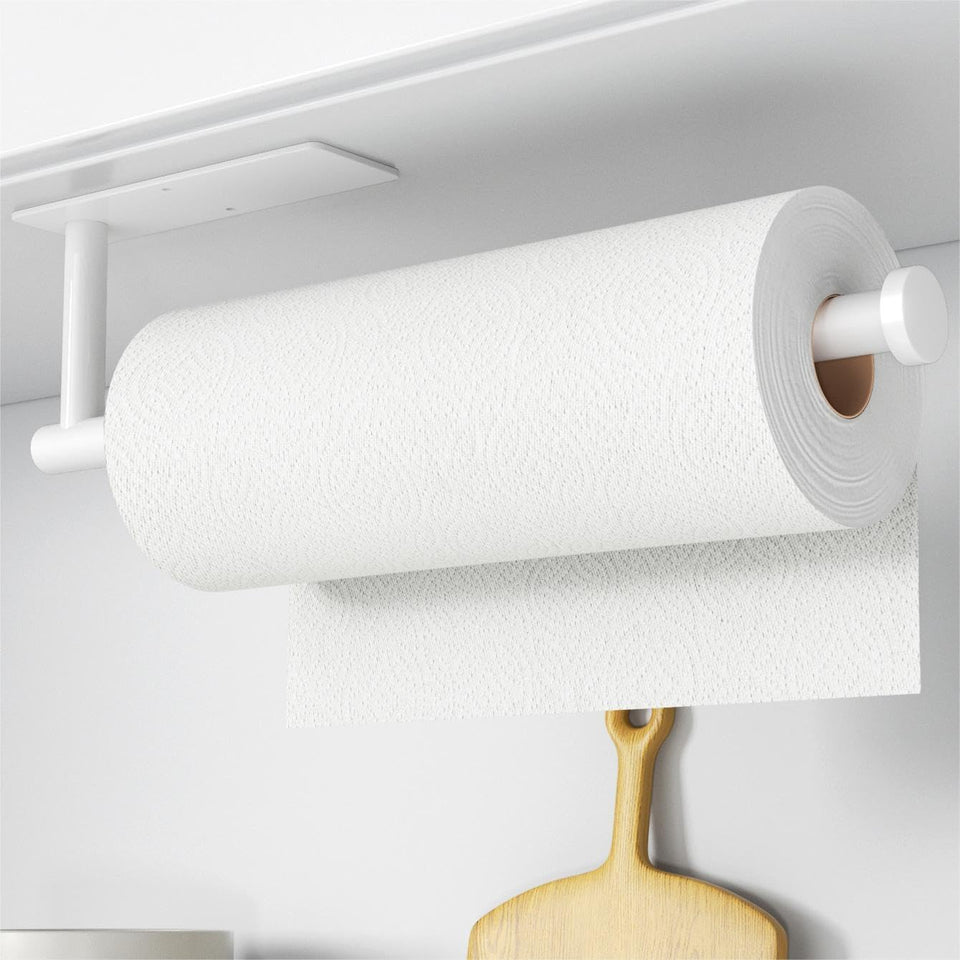 Niffgaff paper towel holder with self-adhesive mount for easy wall attachment.