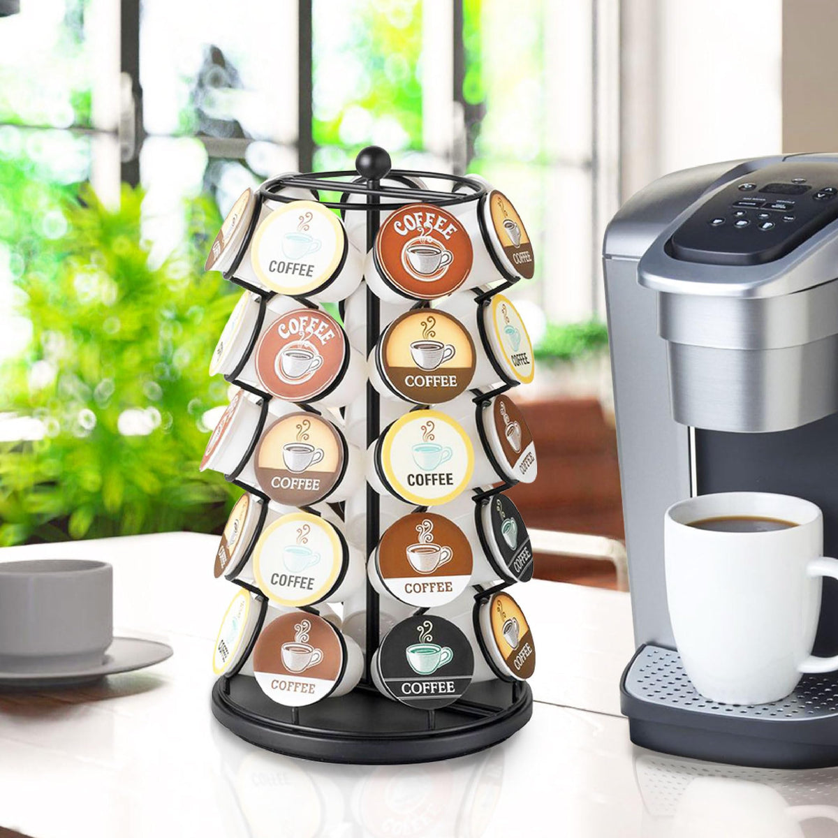 Nifty K Cup Holder base is 7 inches in diameter, saving room.