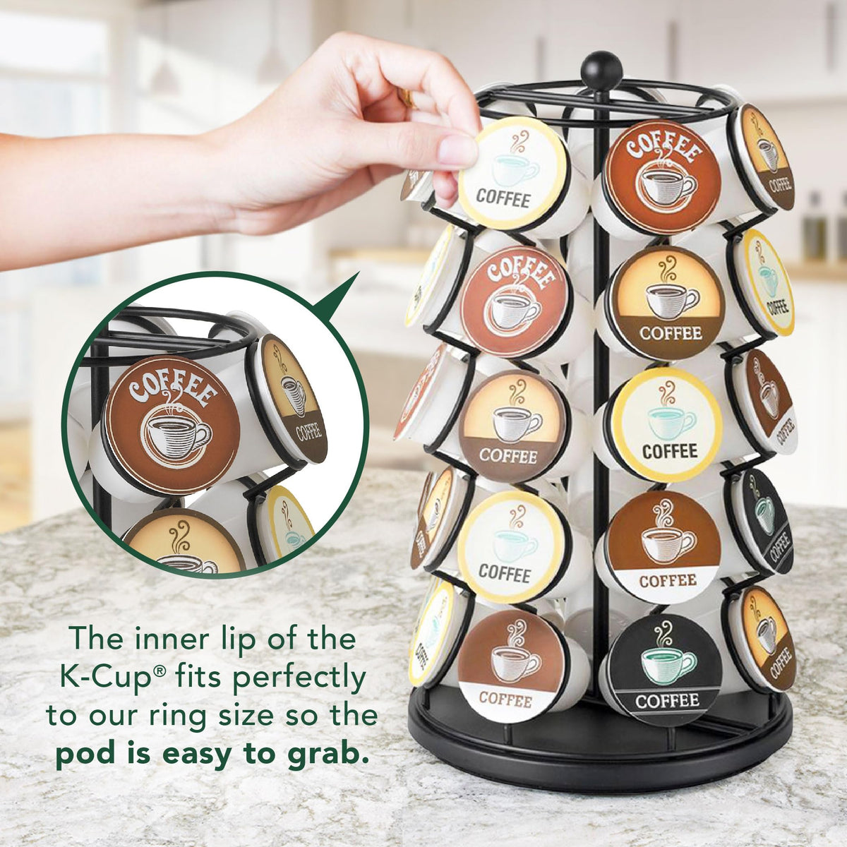 Nifty K Cup Holder measures 13 inches high for compact counter space.