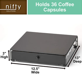 Nifty Solutions compact dimensions highlight under-coffee-pot storage efficiency.
