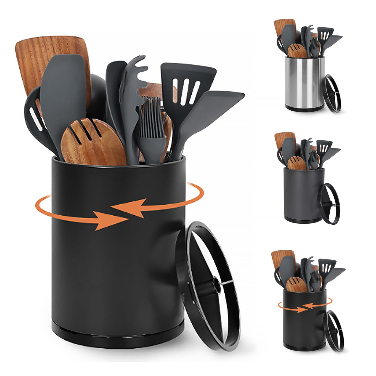 Nigelia 360° rotating utensil holder on countertop for quick tool access.