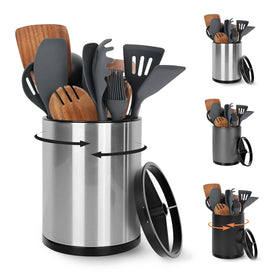 Nigelia utensil holder showing 360-degree rotation for easy access while cooking