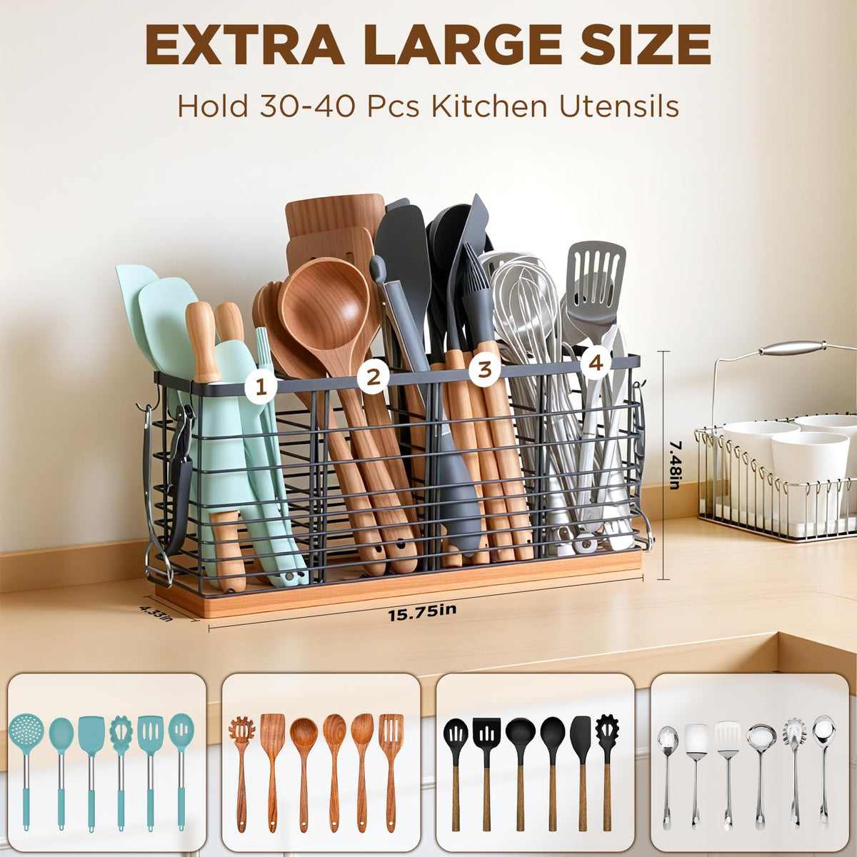 Nigelia utensil holder with matte black metal finish for a sleek, durable countertop organizer.