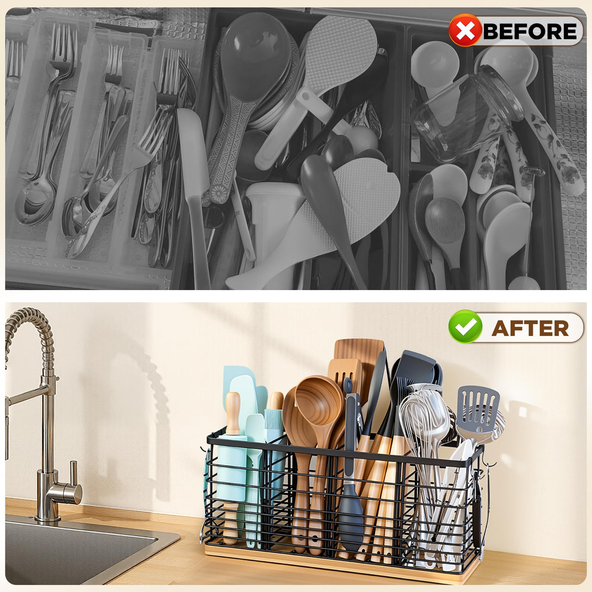 Nigelia ventilated design promotes air-drying for faster utensil recovery.