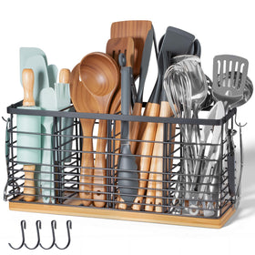 Nigelia utensil holder with wooden base keeps utensils organized and accessible on the counter.
