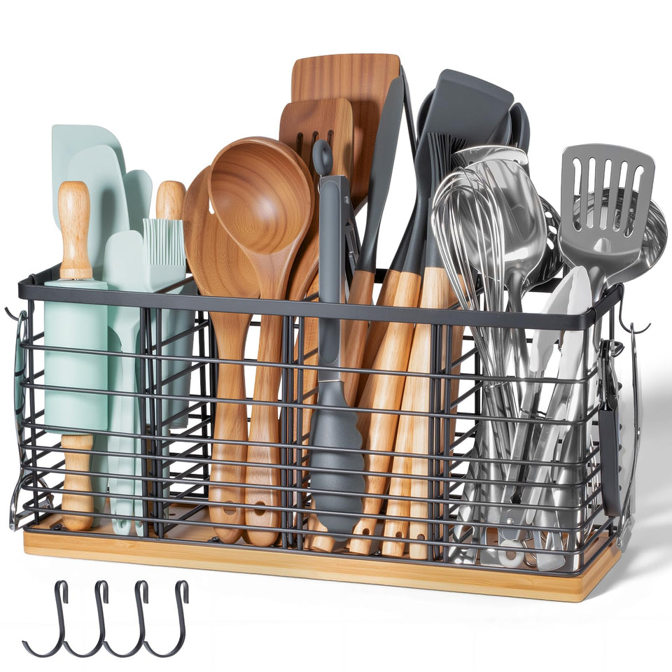 Nigelia utensil holder with wooden base keeps utensils organized and accessible on the counter.