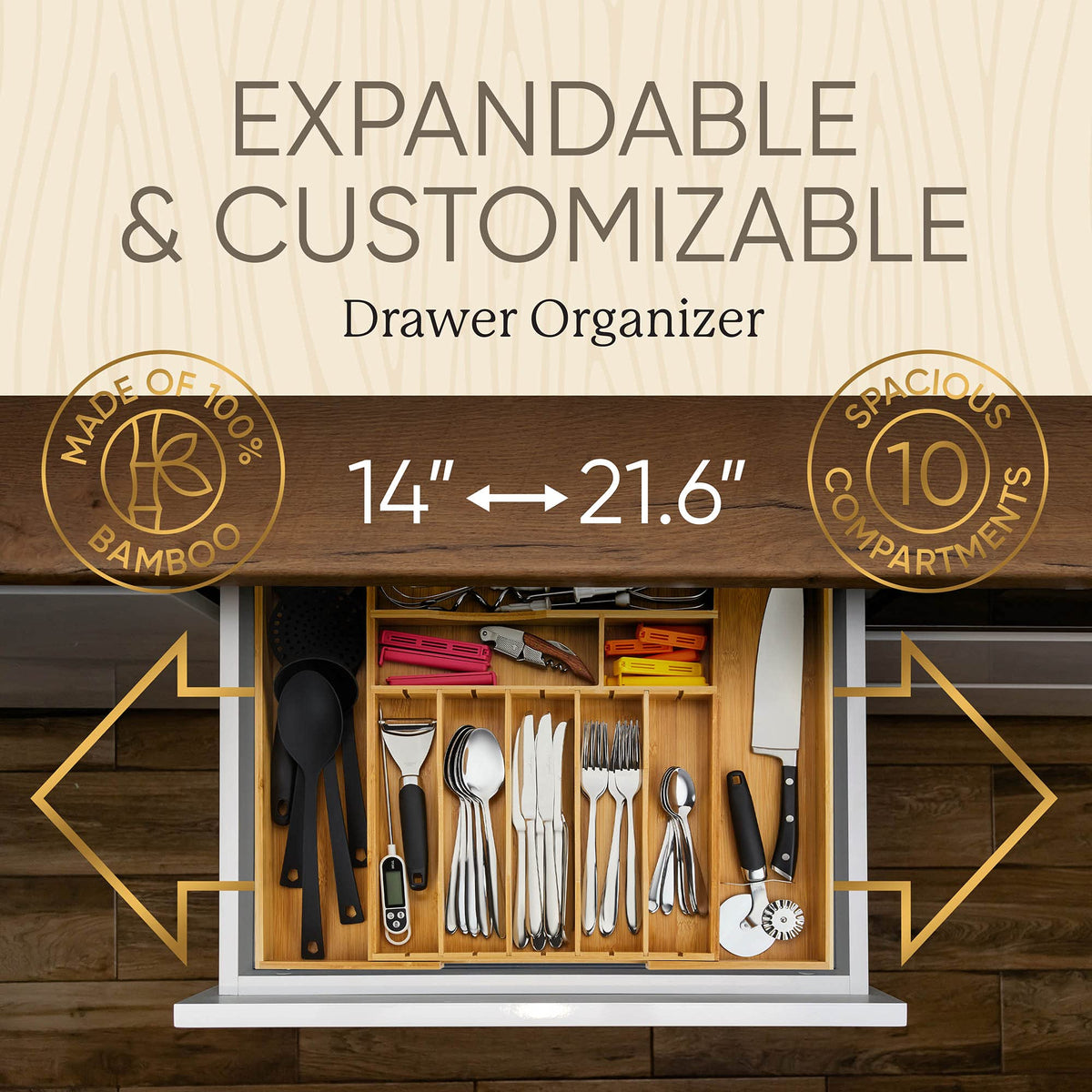 Night Tree adjustable dividers allow customizable compartments for different utensil sizes.