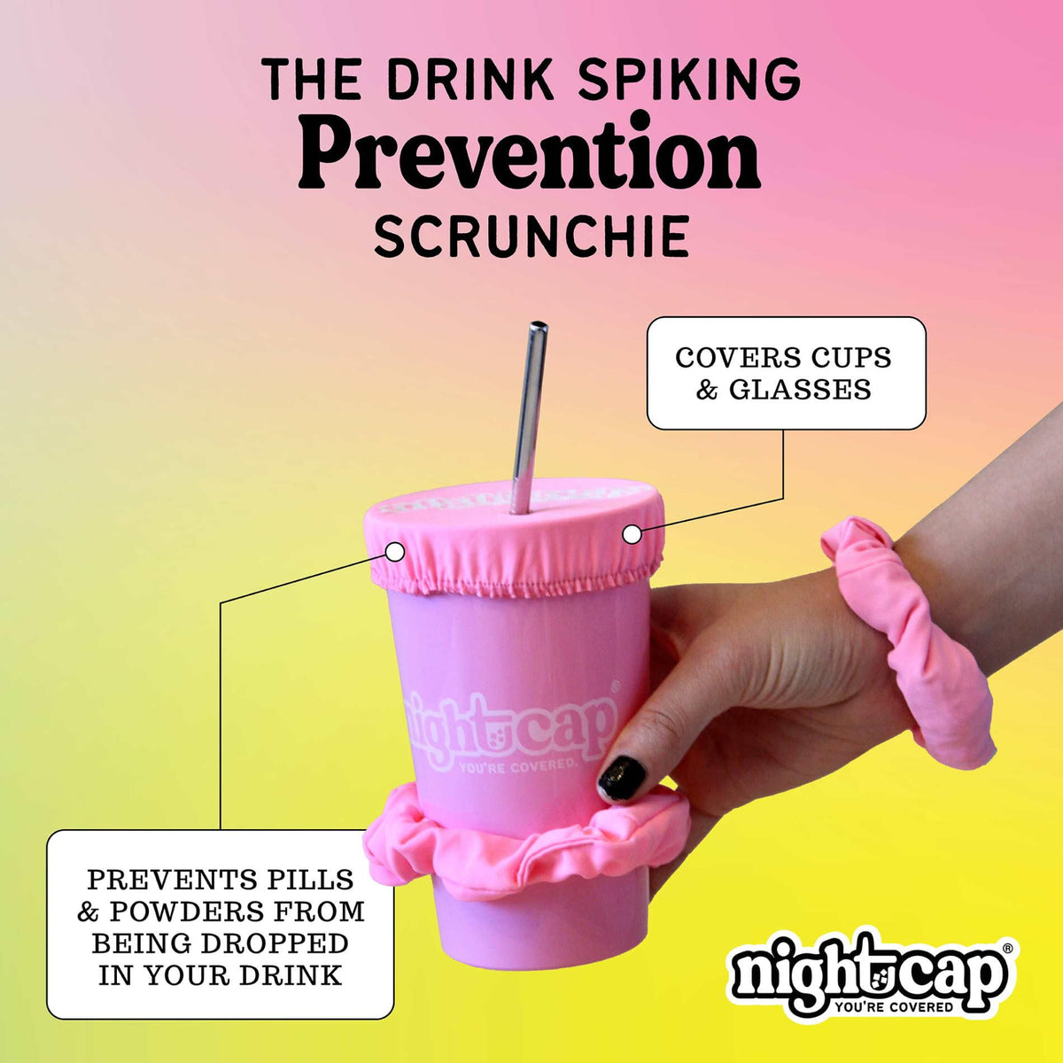 NightCap scrunchie deploys over a glass to cover it during events.