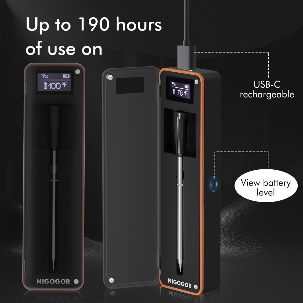 Nigogor dual sensors with ceramic probe provide internal and ambient readings.