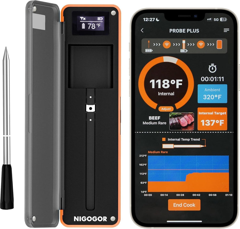 Nigogor Smart Wireless Thermometer probe for precise meat monitoring indoors and outdoors.