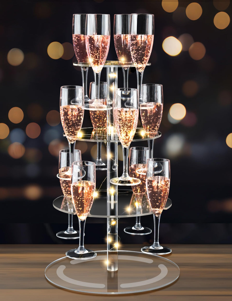 NiHome 3-tier clear acrylic champagne tower with lights adds elegant glow to events.