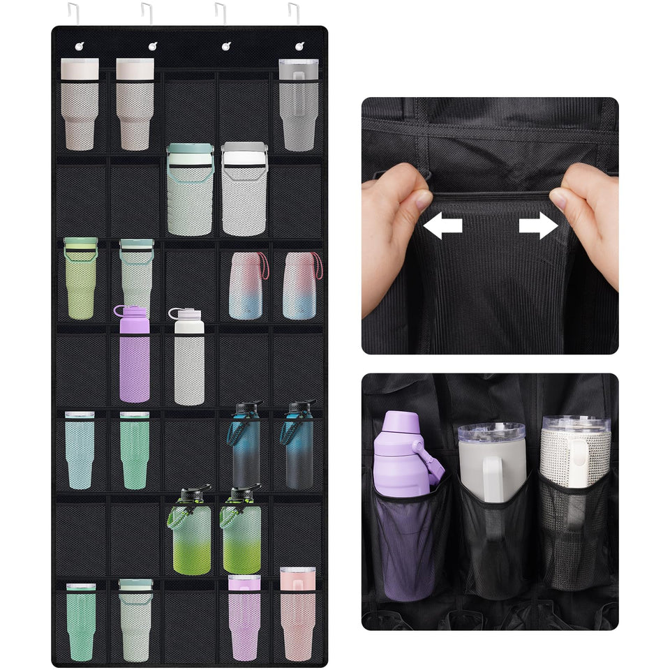 NiHome 35-pocket door organizer securely holds Stanley tumbler on a door