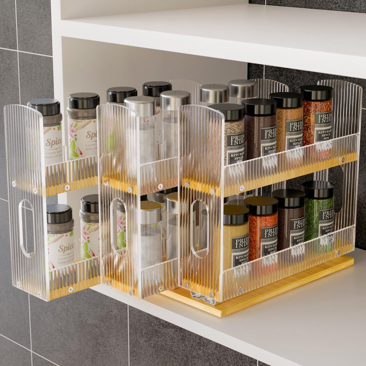 NiHome bamboo pull-out spice rack front view for quick spice access and neat organization.
