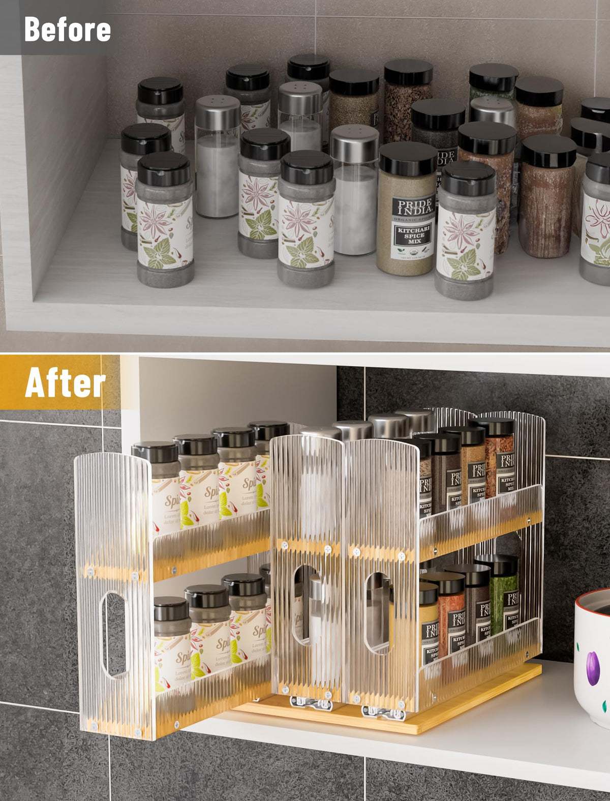 NiHome bamboo pull-out spice rack side view highlighting compact, space-saving design.