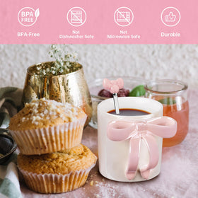 NiHome ceramic mug in pink with bow handle emphasizing durability.