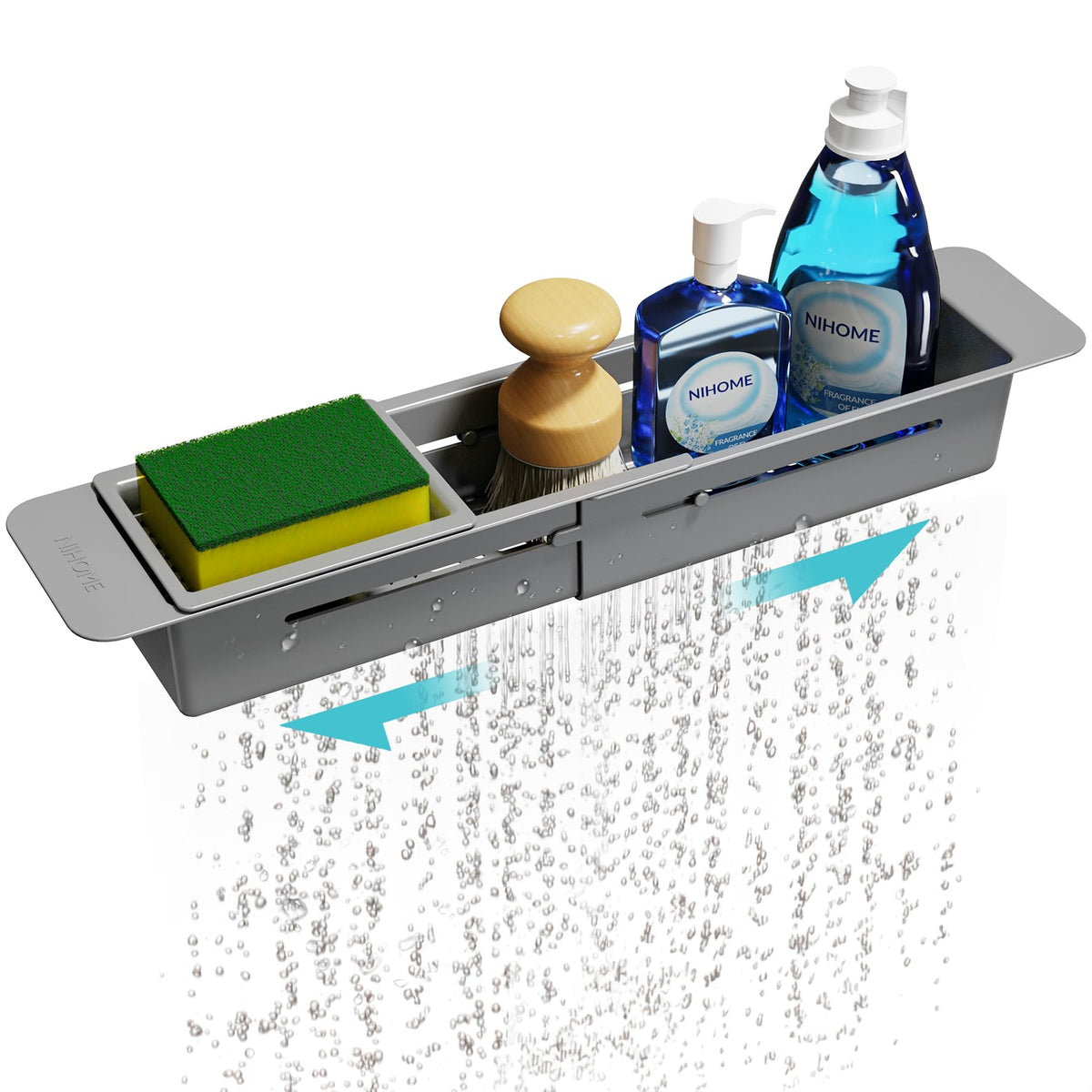 NiHome extendable over-sink organizer storing sponges and drying