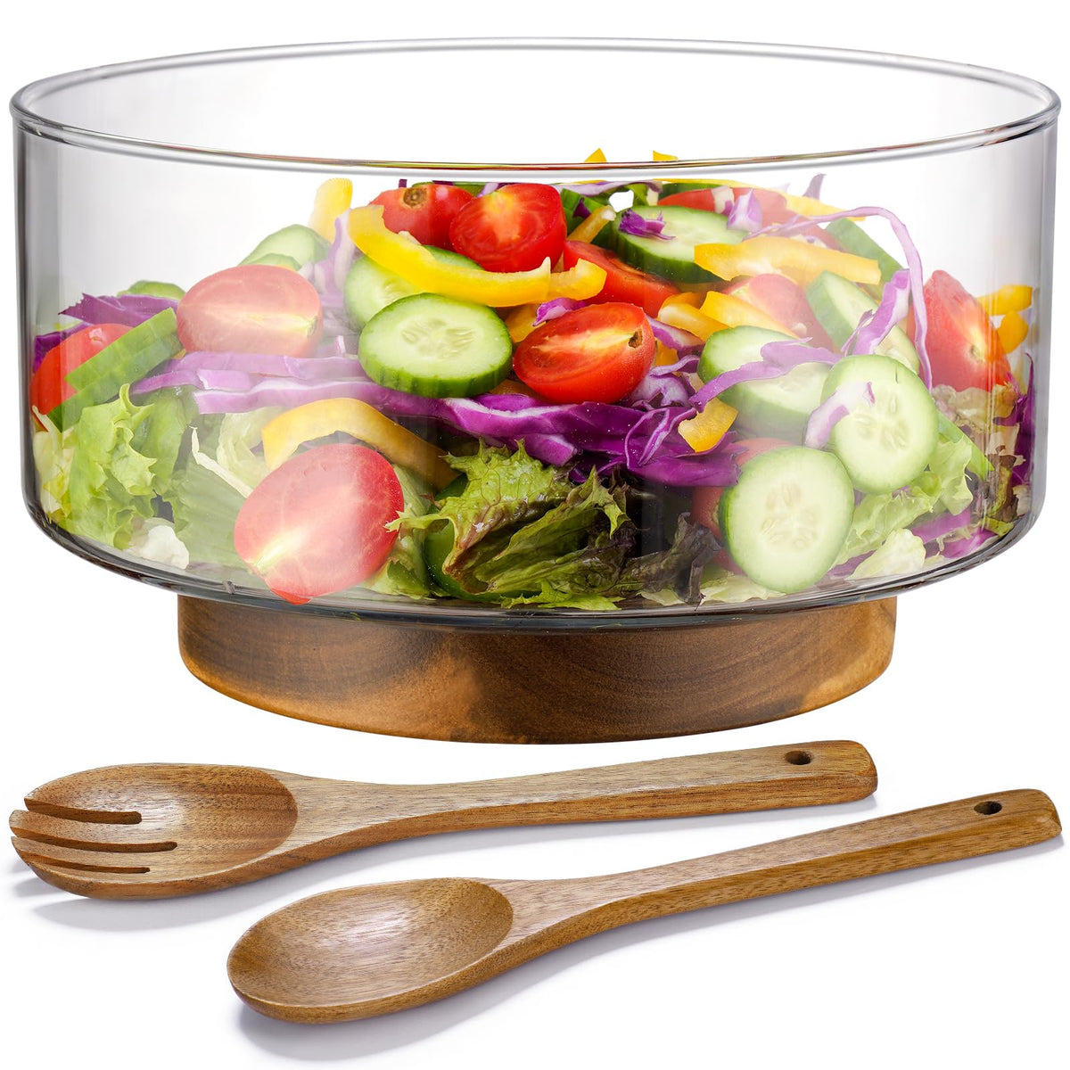 NiHome glass salad bowl on acacia base for stable daily serving.