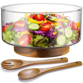 NiHome glass salad bowl on acacia base for stable daily serving.