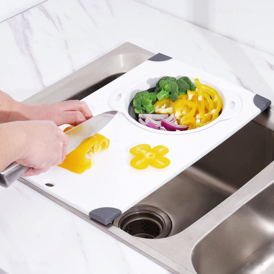 NiHome over-the-sink cutting board with collapsible colander for space-saving prep