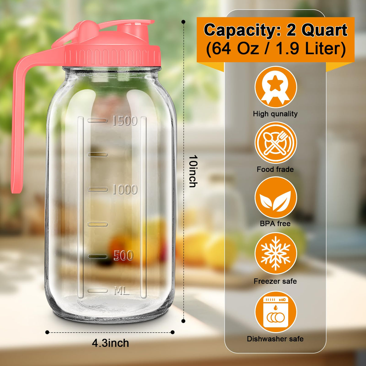 NIJIALGEXPY mason jar style pitcher with wide mouth for easy cleaning and fruit infusion.