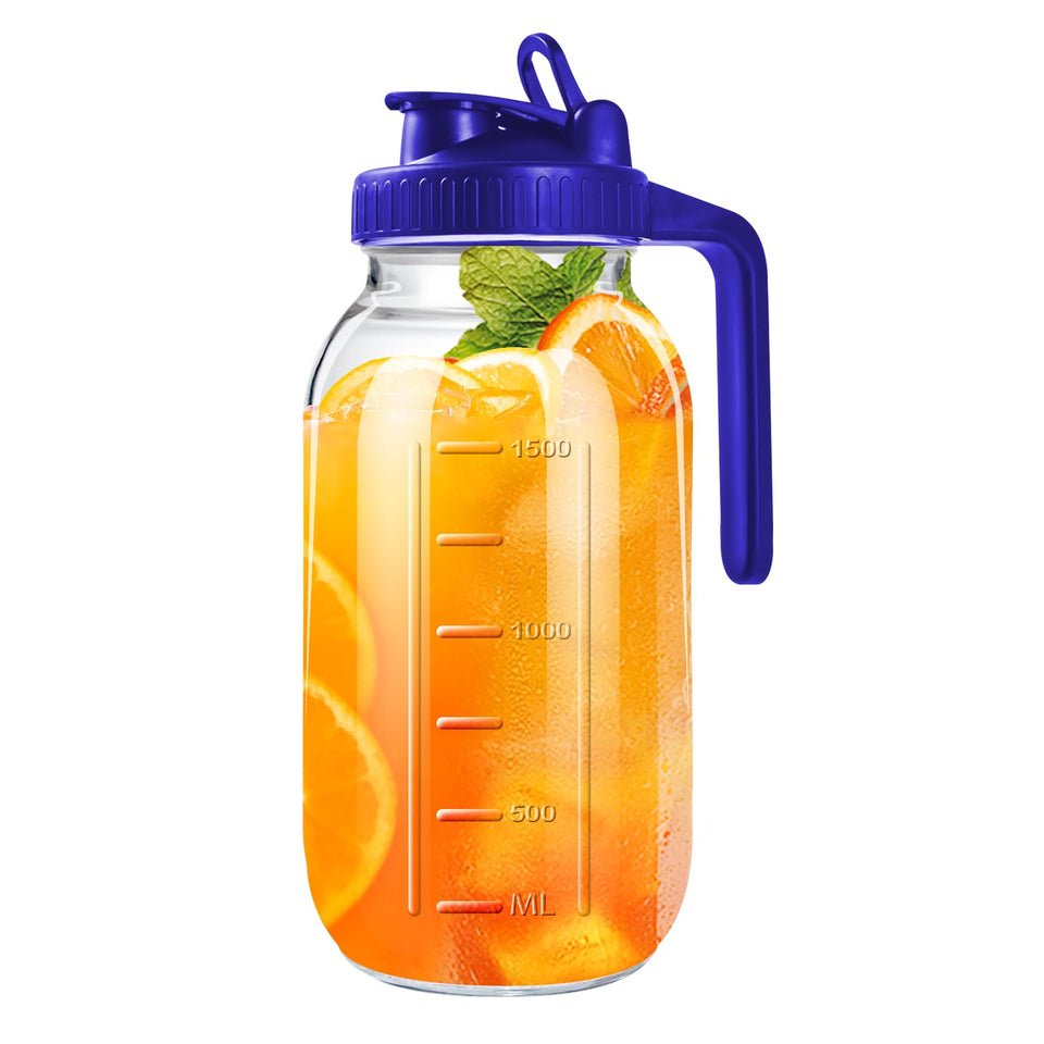 NIJIALGEXPY 64oz pitcher with lid on table for easy beverage serving.