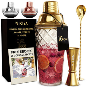 Nikita by Niki 16oz crystal-cut shaker with leak-proof lid for smooth home cocktails