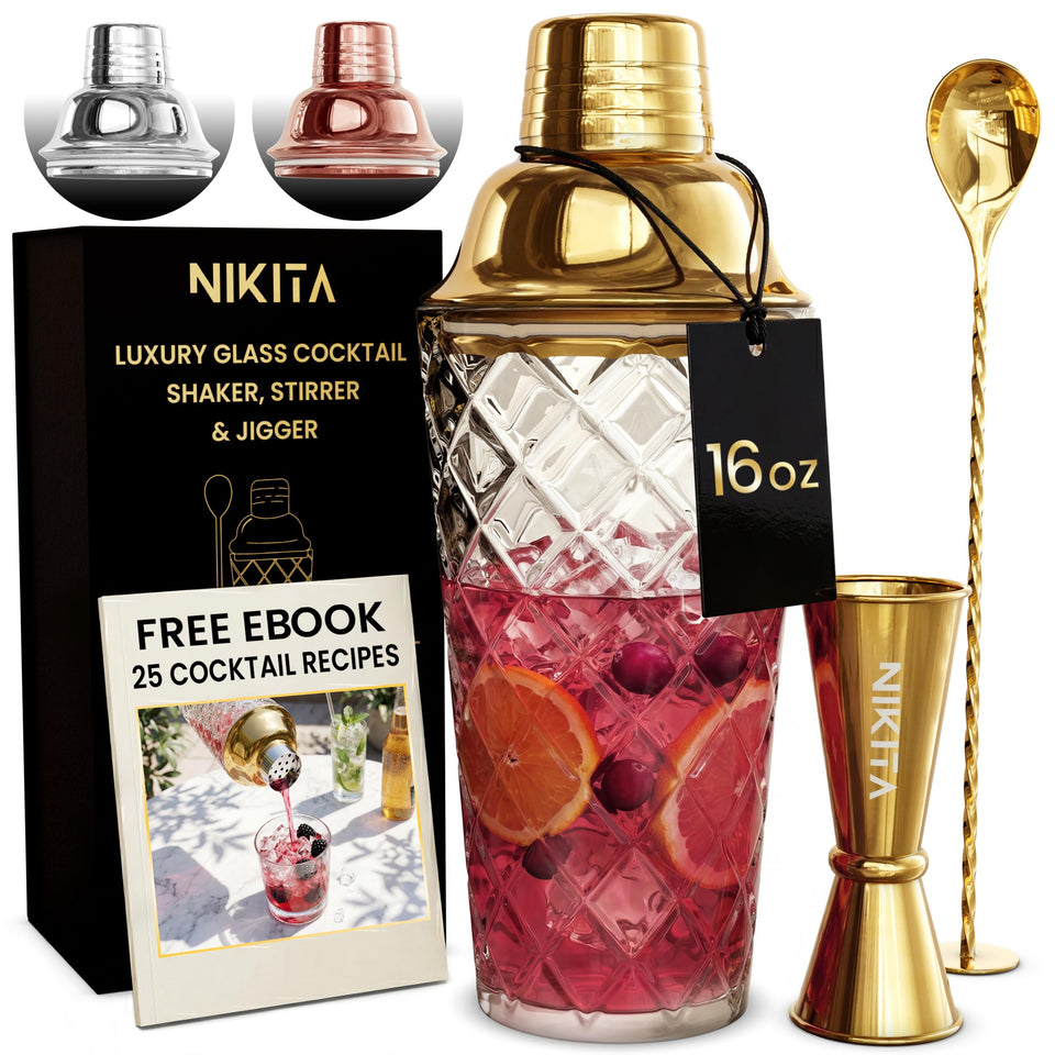 Nikita by Niki 16oz crystal-cut shaker with leak-proof lid for smooth home cocktails