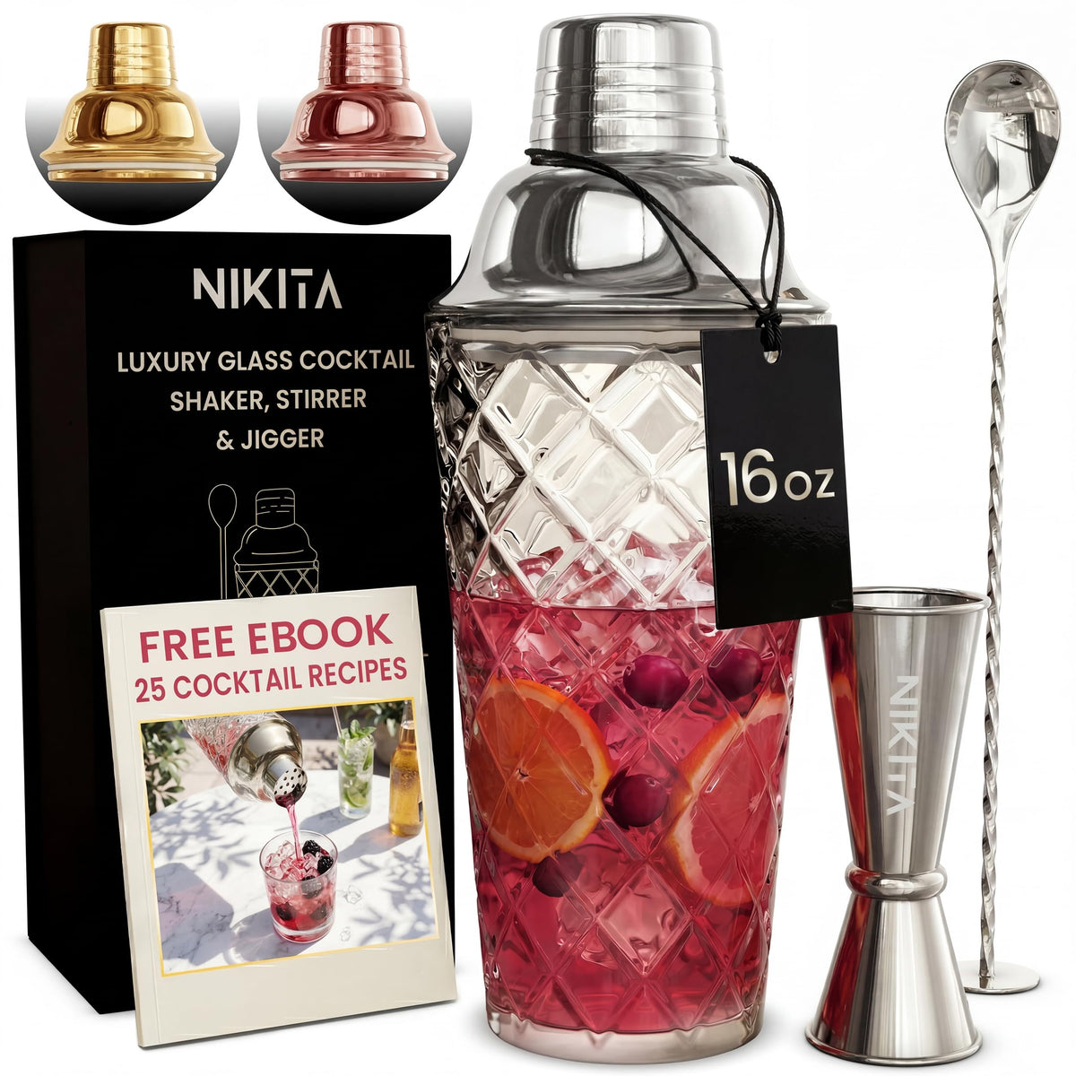 Nikita By Niki cocktail shaker 16oz with crystal-cut finish, ideal for elegant home mixing.